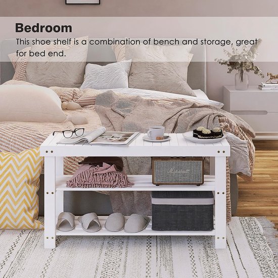 Bamboo Schoenenrek, bank, 3 lagen, kleine schoenen, organizer, opbergplank voor entree, hal, badkamer, woonkamer (wit Bamboo Schoenenrek, bank, 3 lagen, kleine schoenen, organizer, opbergplank voor entree, hal, badkamer, woonkamer (wit