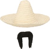 Carnaval verkleed set - Mexicaanse sombrero hoed dia 49 cm met plaksnor - naturel - heren