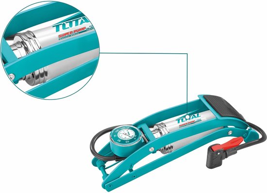 Total Fietspomp voetpomp - metaal - zilver/blauw - manometer - met ventieladapter van Total — afbeelding 4