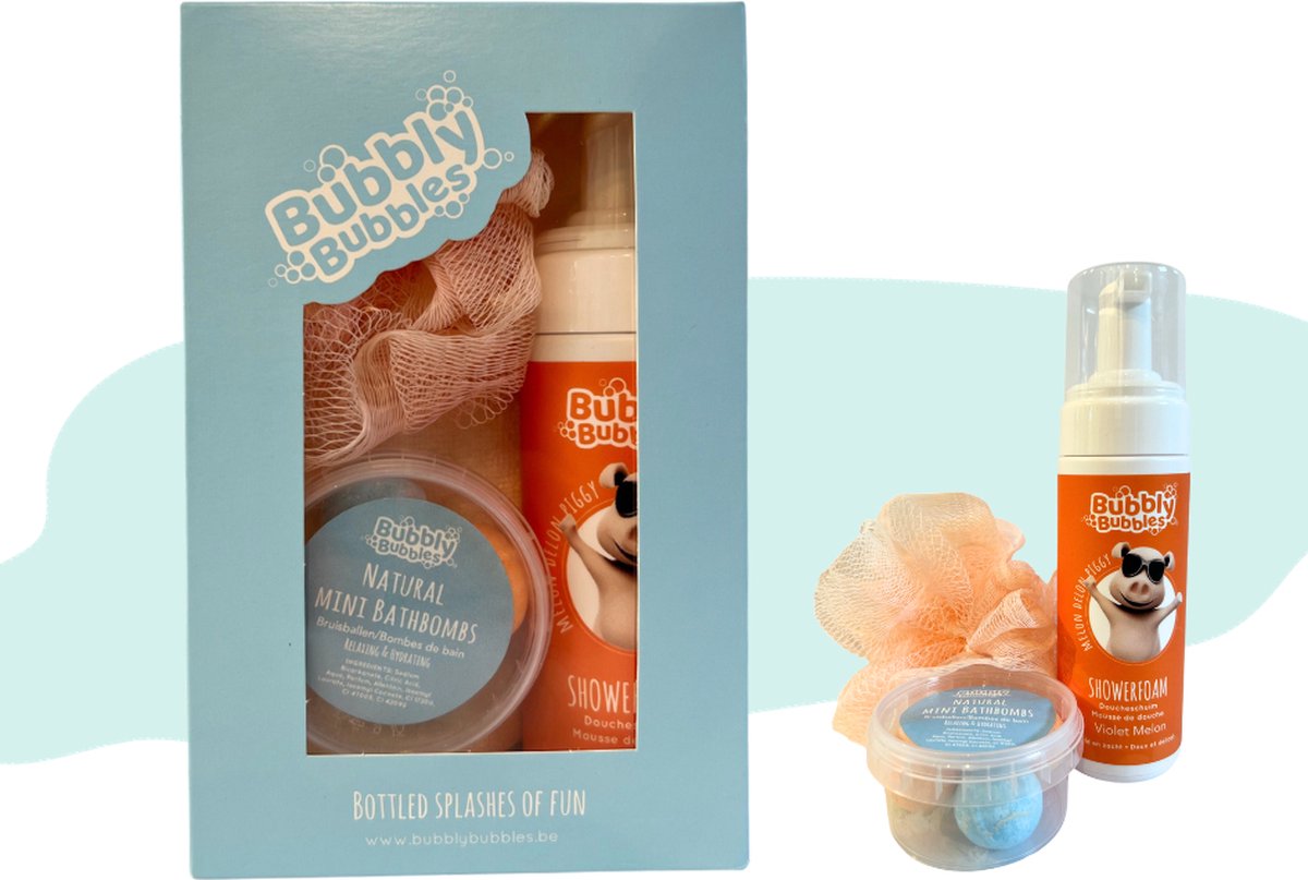 BubblyBubbles® - Kadoosje 2 Piggy - showerfoam - mini bruisbal - badspons - voor kinderen