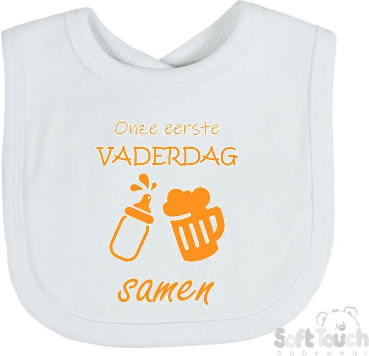 Goedkoopste Soft Touch Slabber Slabbetje Slab Onze eerste vaderdag samen Vaderdag Unisex Katoen Wit/mosterd Maat 33x22 Cm