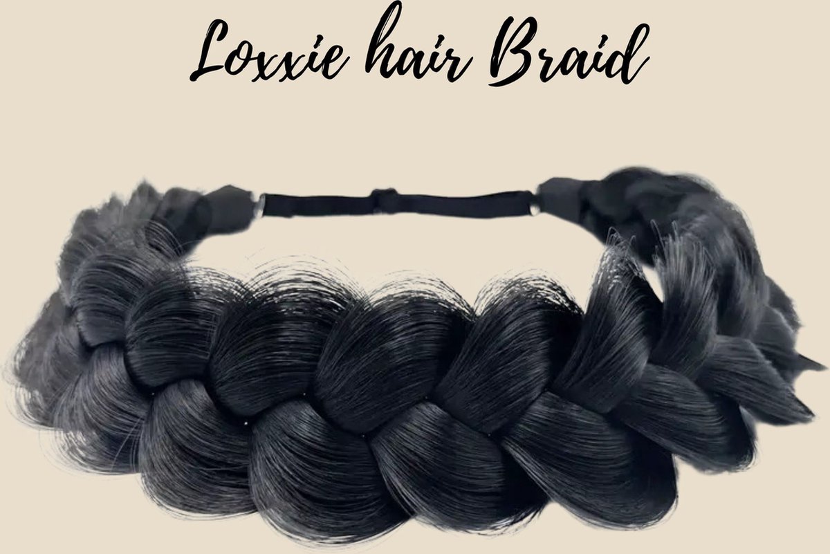 Loxxie® haarband met vlecht haar extensions braid verstelbaar universele pasvorm zwart