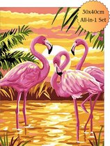 Diamond painting Volwassenen - Complete set - Ronde steentjes - 30cm x 40cm - 3 flamingo's bij de zonsopgang - Natuur