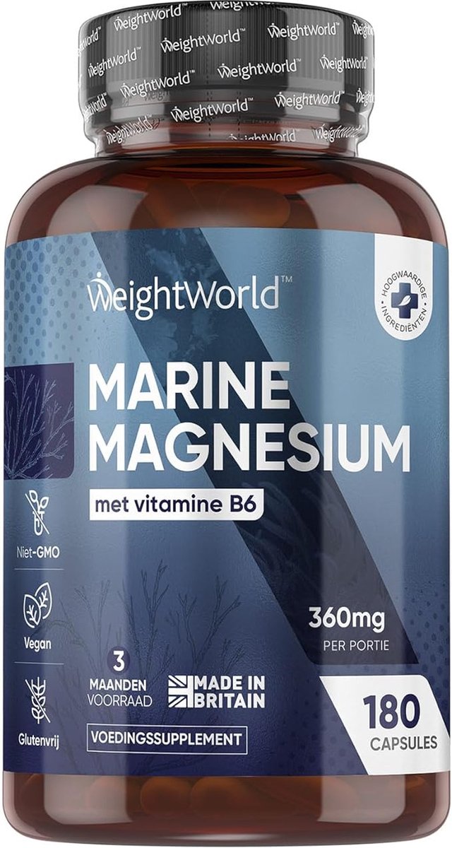 Goedkoopste WeightWorld Marine Magnesium capsules - 360 mg per portie - Natuurlijke bron van magnesium uit de oceaan - Met toegevoegde vitamine B6 - 180 vegan capsules voor 3 maanden
