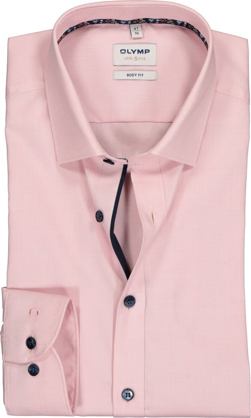 OLYMP Level 5 body fit overhemd - roze structuur (contrast) - Strijkvriendelijk - Boordmaat: 40