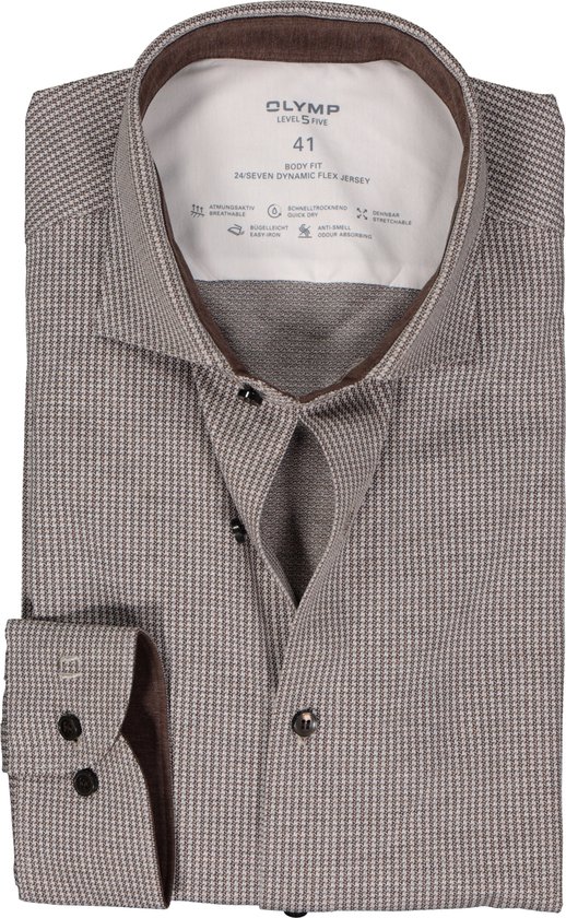 OLYMP 24/7 Level 5 body fit overhemd - tricot - bruin met wit mini dessin - Strijkvriendelijk - Boordmaat: 43