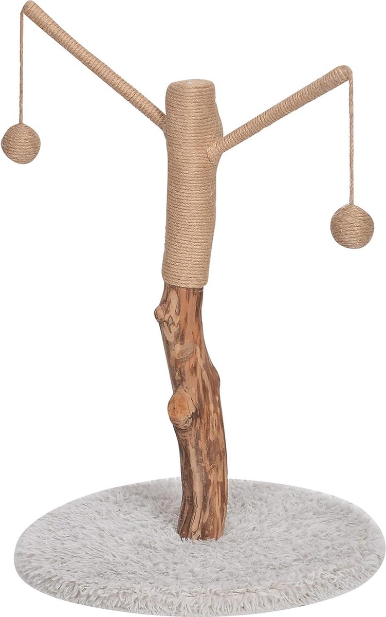 Prachtige Krabpaal voor Katten, Ongeveer 80 x 45 x 45 cm, Echte Boomstam, Hout/Pluche/Sisal, Bruin/Wit