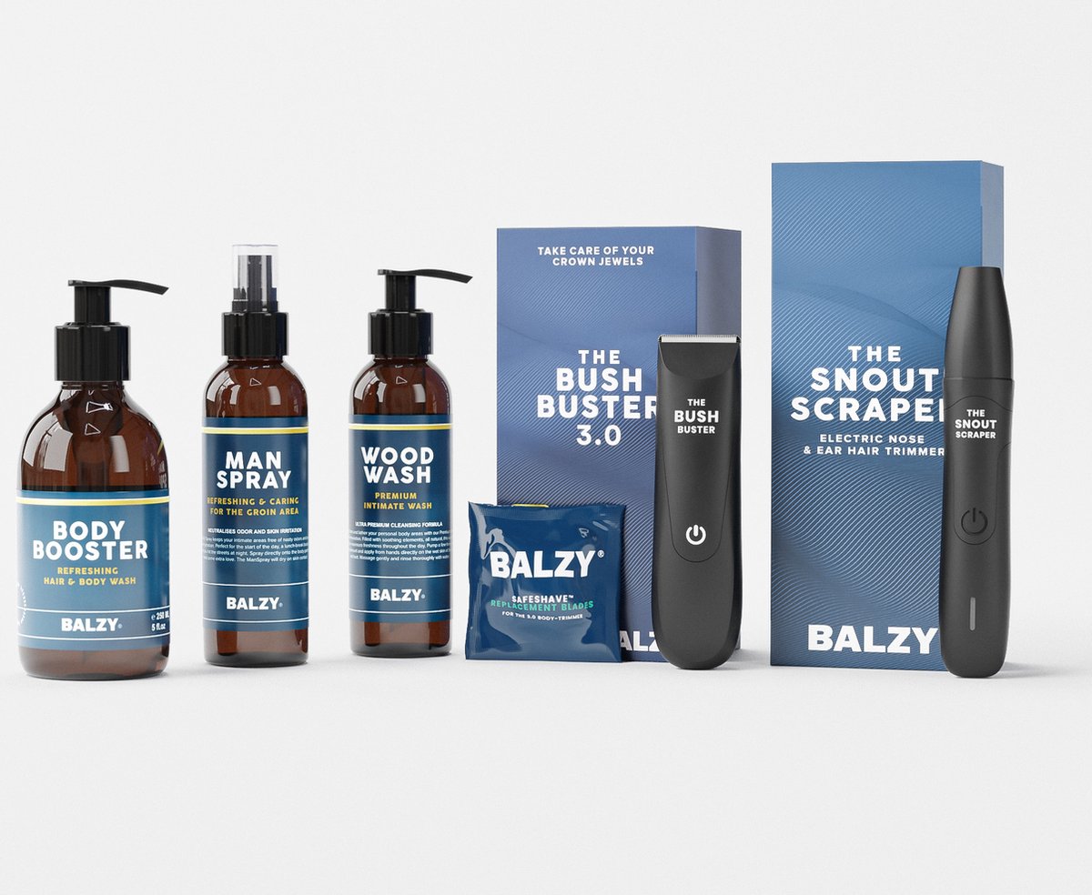 Balzy Perfect Package – Complete Grooming Set – Trimmer – Neustrimmer – Intieme Verzorging Zeep – Toilettas – BushBuster, SnoutScraper, Body&Balls Collection – Vaderdag Cadeau