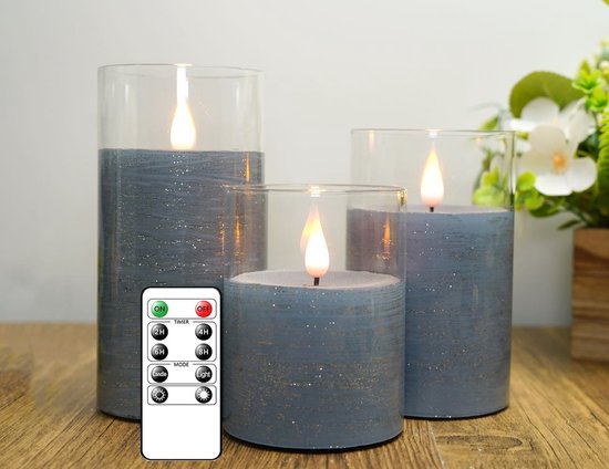 LED Kaarsen 3 pièces - Bougies à piles, bougies colonnes Fonctionnant sur piles avec télécommande et minuterie, Blauw