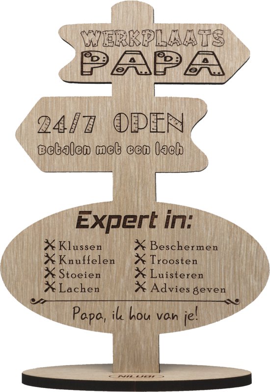 Wegwijzer werkplaats papa - cadeau Vaderdag - verjaardag vader- gepersonaliseerde houten wenskaart - kaart van hout met eigen naam - 17.5 x 25 cm