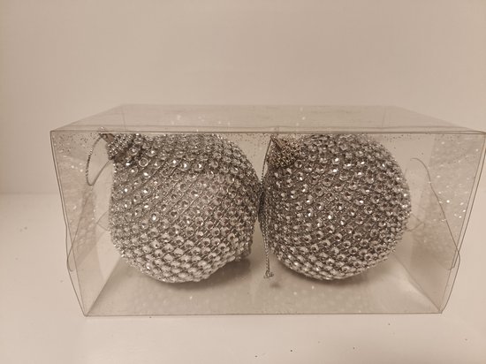Kerstballen - onbreekbaar - 2 stuks - zilver - met steentjes - inclusief hanger