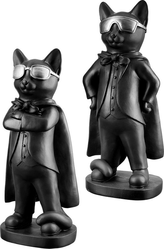 beeld kat poes superheld set van 2 zwart 10x13x30 cm