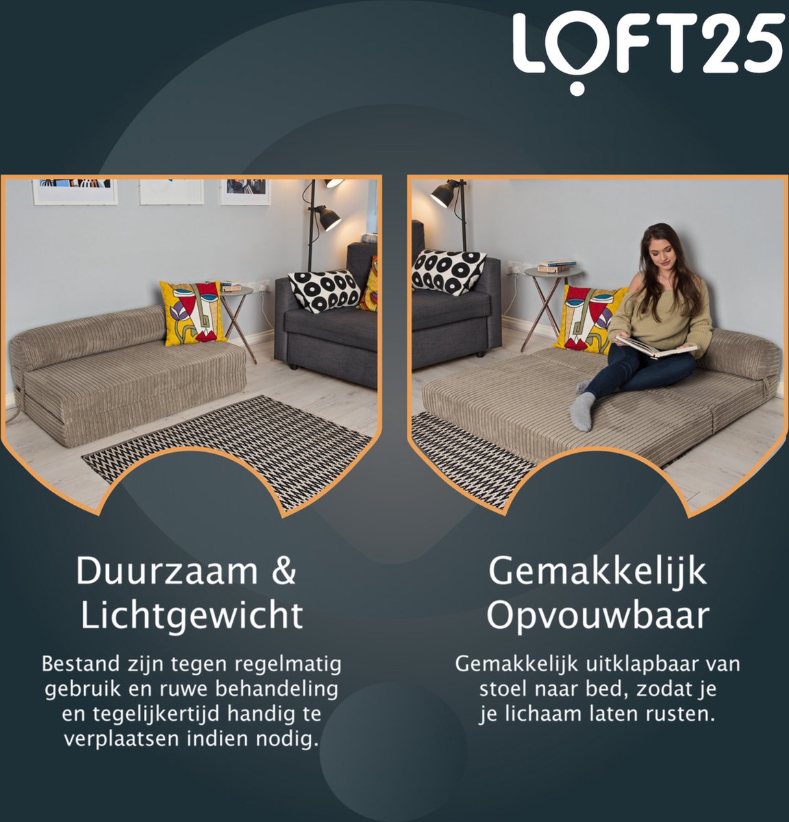 Loft 25 Matelas Pliable Invité - intérieur Matelas futon pliant 2 en 1 -  Canapé-lit pour adultes et enfants - Ardoise