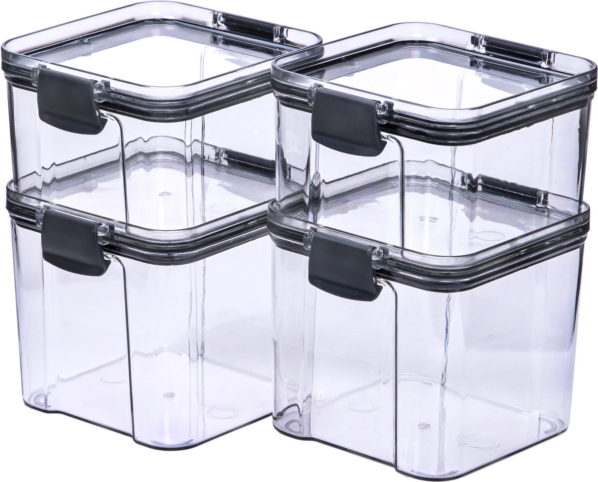Krumble Voorraadpotten set van 4 - 460 ml + 460 ml + 700 ml + 700 ml - Vershouddoos - Voorraadbussen - Met deksel - Opbergpotten - Kunststof - Transparant - Zwart