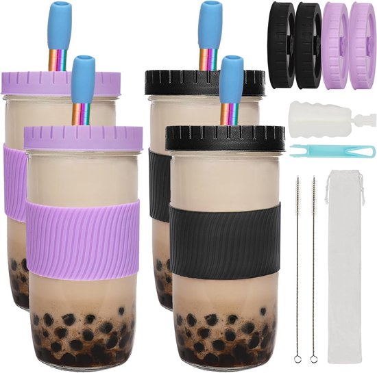 Sosayet Lot De 2 Tasses à Thé à Bulles 730ml - Avec Paille Inox Et Couvercles - Rose Et Blanc