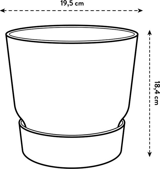 Schematische weergave van een groene bloempot met waterreservoir, met afmetingen 19,5 cm breed en 18,4 cm hoog.