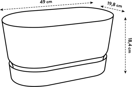 Schematische weergave van een zwarte plantenbak met afmetingen.