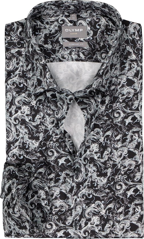 OLYMP comfort fit overhemd - satijnbinding - zwart met wit en grijs dessin - Strijkvrij - Boordmaat: 41
