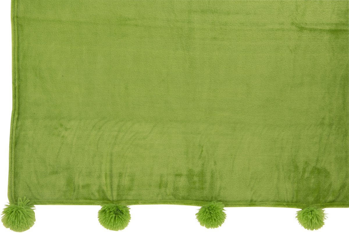 J-Line Plaid Pompom - fleece deken - polyester - grasgroen - 170 x 130 cm - woonaccessoires