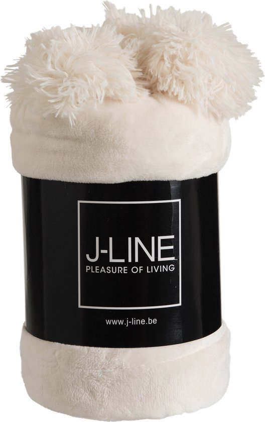J-Line Plaid Pompom - fleece deken - polyester - creme - 170 x 130 cm - woonaccessoires