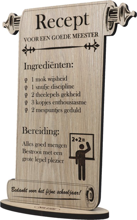 Grappig Meester Bedankt Cadeau | Geschenk om Leraar te Bedanken | Bedankje Leerkracht | Kaart van Hout | Einde Schooljaar Recept | 17.5 x 25 cm