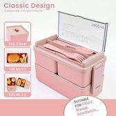 Lunchbox 1400ML, Dubbele Stapelbare Bento Box Container Meal Prep Containe Met Bestek, Verzegelde Versbewarende Doos, Alles in één Lekvrije BPA Gratis Lunchbox voor Volwassenen en kinderen Roze