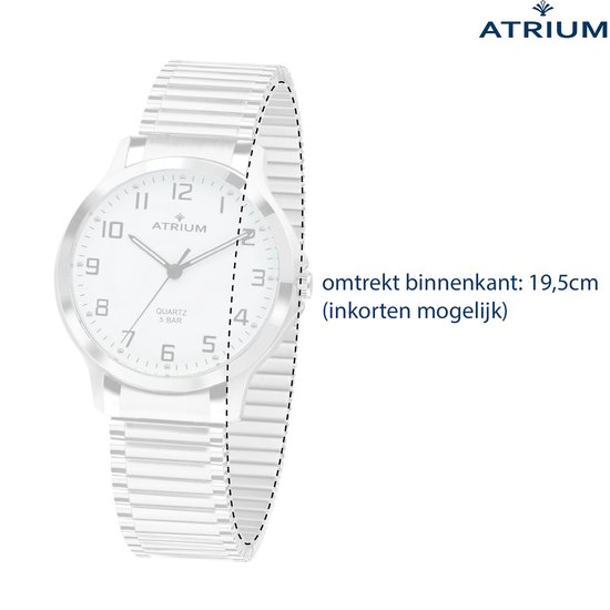 Montre Atrium argentée pour femme avec cadran blanc et bracelet extensible argenté. Circonférence intérieure du bracelet 19,5cm, raccourcissable.