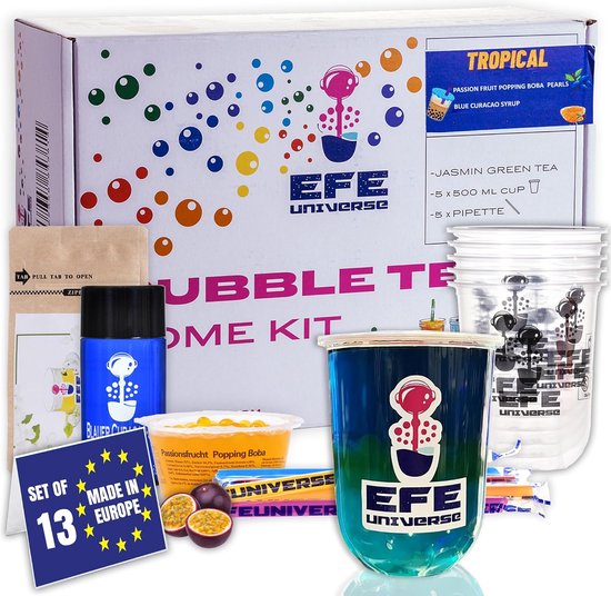 Efe Universe Bubble Tea Home Set voor 5 personen , Tropical Vibes, 100% vegetarische en glutenvrije Boba-set, knallende Boba-parels van passievrucht, blauwe cracaostroop en groene jasmijnthee