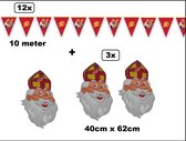 12x Vlaggenlijn Sinterklaas rood 10 meter + 3x Wand/raam deco Sint 40cm x 62cm - Sint Nicolaas Sint en Piet decoratie vlaglijn