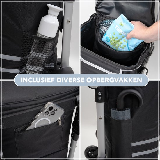 Chariot de courses Latium à 3 Roues - Chariot de courses pliable avec compartiment réfrigérant - Chariot avec sac de courses amovible - Chariot de courses pliable avec rampe d'escalier - Zwart