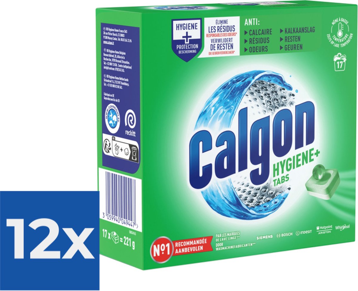 Calgon Wasmiddel tabs Hygiëne+ - anti kalk - 17 tabs - Voordeelverpakking 12 stuks