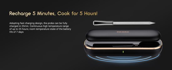 INKBIRD thermometer en opbergcase met gouden rand op een draadloze oplader.