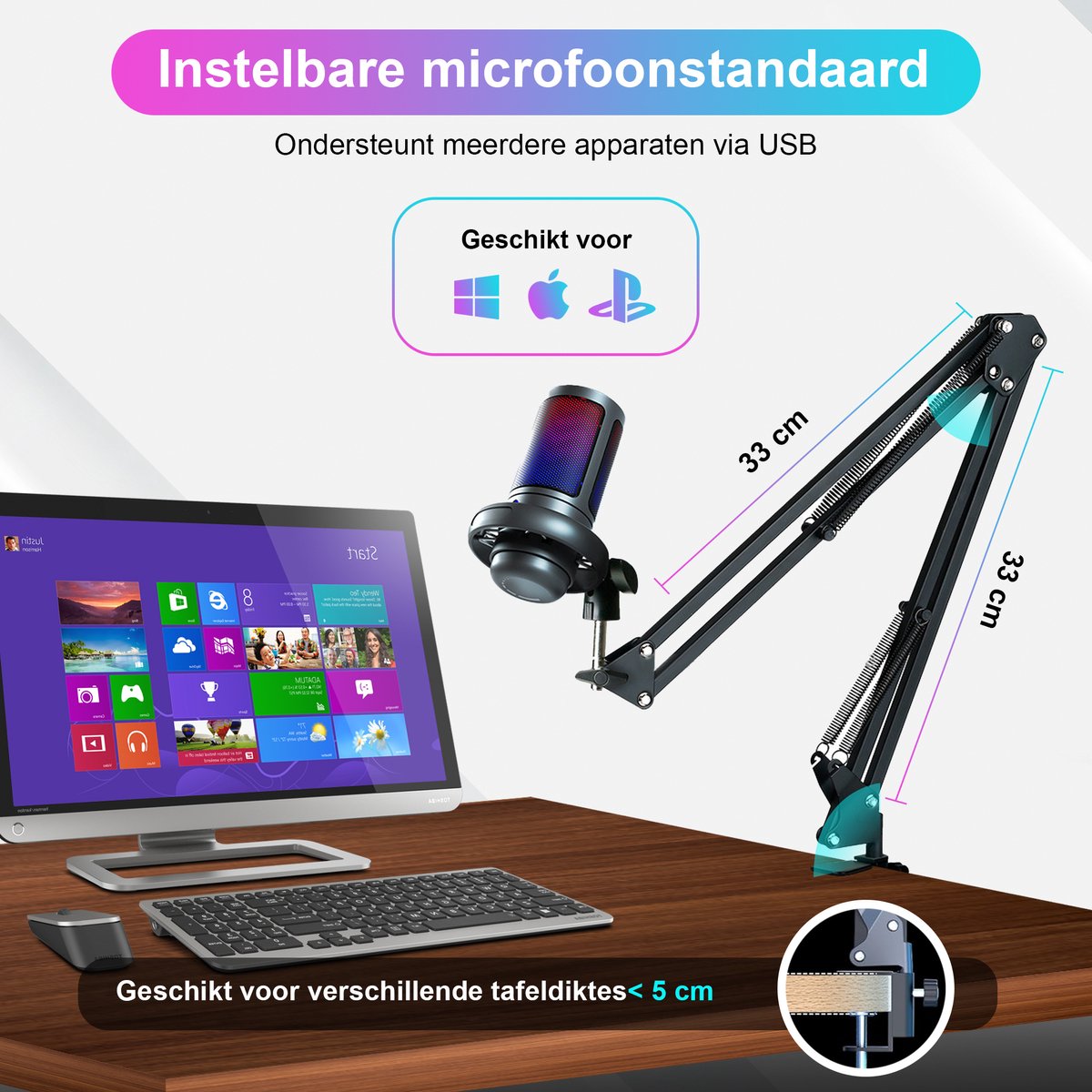 Strolox® Microfoon met arm - USB - gaming - RGB Condensatormicrofoon - met Mute-Knop, Popfilter, Microfoonarm - Luxe microfoon — cadeau in Gadgets - foto 5