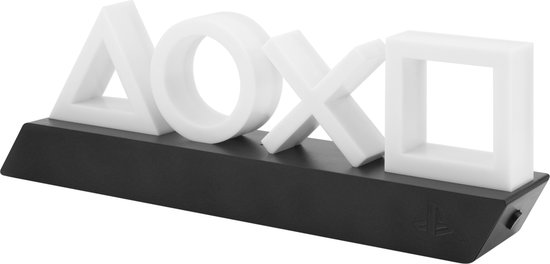 PlayStation icoonlamp met witte iconen op een zwarte standaard.