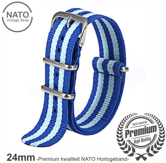 Stijlvolle 24mm Premium Nato Blauw gestreept Horlogeband: Ontdek de Vintage James Bond Look! Perfect voor Mannen, uit onze Exclusieve Nato Strap Collectie!