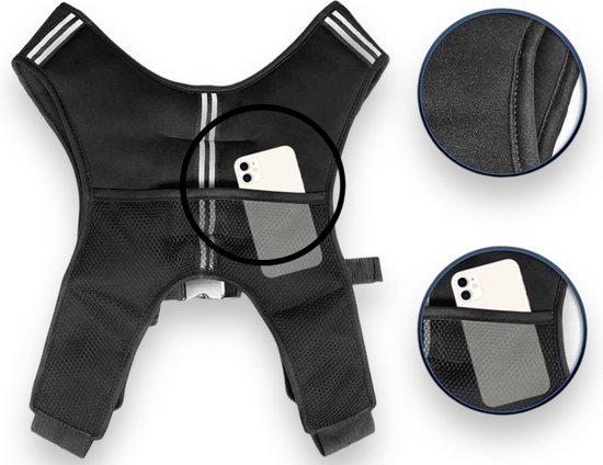 Zwart gewichtsvest met mesh zijvakken voor telefoon, reflecterende strepen.