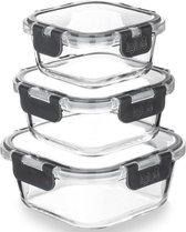Préparation des repas – Récipients carrés empilables en Verres (Set de 3) – Sans BPA, anti-fuite, couvercle à charnière hermétique, passe au micro-ondes, au four et au lave-vaisselle (800 ml, 520 ml, 320 ml)