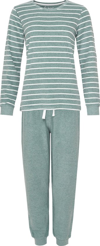 By Louise Dames Pyjama Set Lang Badstof Groen Gestreept - Maat L