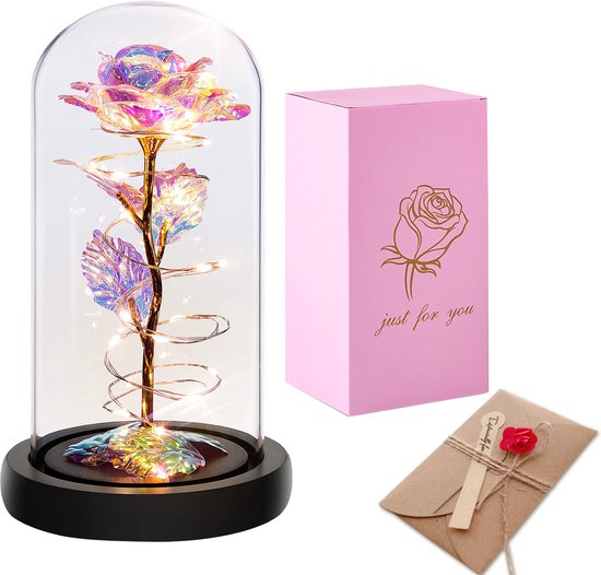 Blazelife Love Gift Roses – Rose éternelle – Rose galaxie dans cloche en verre avec Siècle des Lumières LED – Cadeau romantique pour femme, petite amie, elle, mère – Anniversaire – Mariage – Noël – Fleurs artificielles – Cadeau romantique