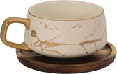 Intirilife Tasse en céramique avec motif marbre en Wit - environ 200 ml - Tasse à café, tasse à thé avec dessous de verre en bois