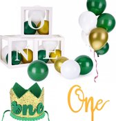 35-delige cakesmash set Jungle met ballon blokken, taart topper en hoedje - eerste - verjaardag - cakesmash - ballon blok - box - hoed - taart - topper - jungle