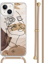 Casimoda® hoesje met beige koord - Geschikt voor iPhone 14 - Abstract Gezicht Bruin - Afneembaar koord - TPU/acryl - Bruin/beige