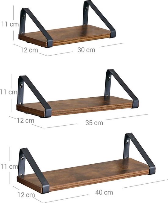 Rootz Set Van 3 Wandplanken - Industriële Look - Zwevende Wandplanken - Houten Wandplanken - Wandmontage - Hoekwandplanken - Hangende Wandplank - Spaanplaat - Staal - Vintage Bruinzwart - 30 x 12 x 11 cm (L x B x H) - Rootz Living