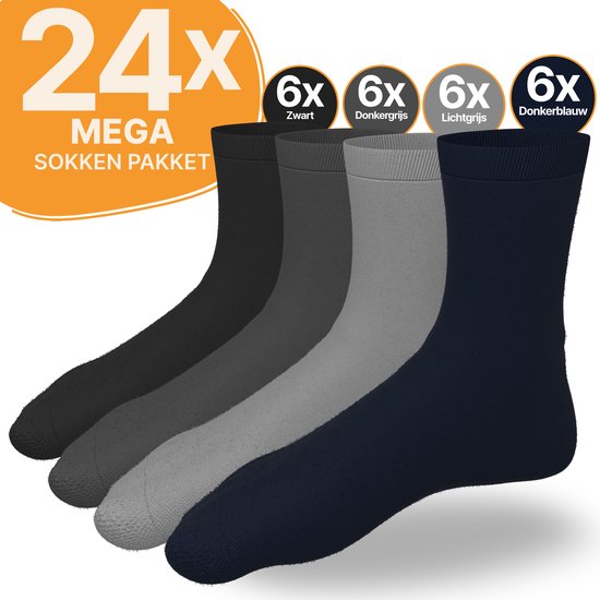 VOLQU® - Sokken - 24 Paar - Premium Katoen Sokken - Normale Sokken - Sokken Heren - Sokken Dames - Maat 43 46 - Zwart / Donkerblauw / Donkergrijs / Lichtgrijs