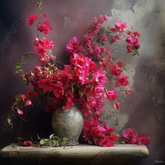 JJ-Art | Bougainvillea, bloemen in vaas, stilleven | bloem, rood, grijs, groen, vierkant, modern |