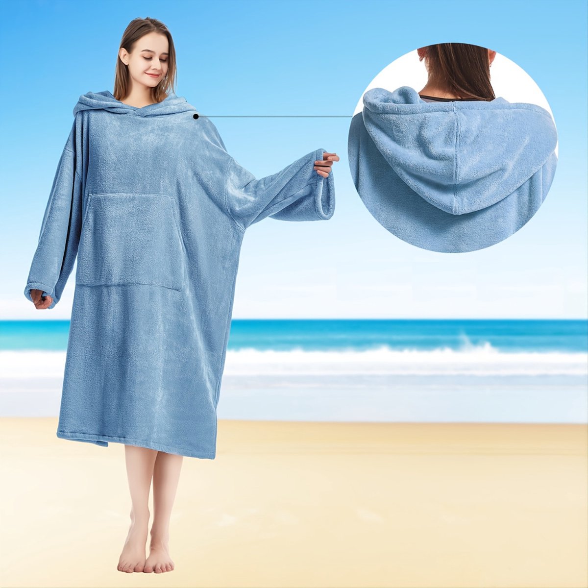 QKTYB Poncho Surf Zee, heren en dames, badjas, poncho, handdoek met capuchon, microvezel, ultra absorberend, licht en sneldrogend, eenheidsmaat voor strand, zwembad, surfen
