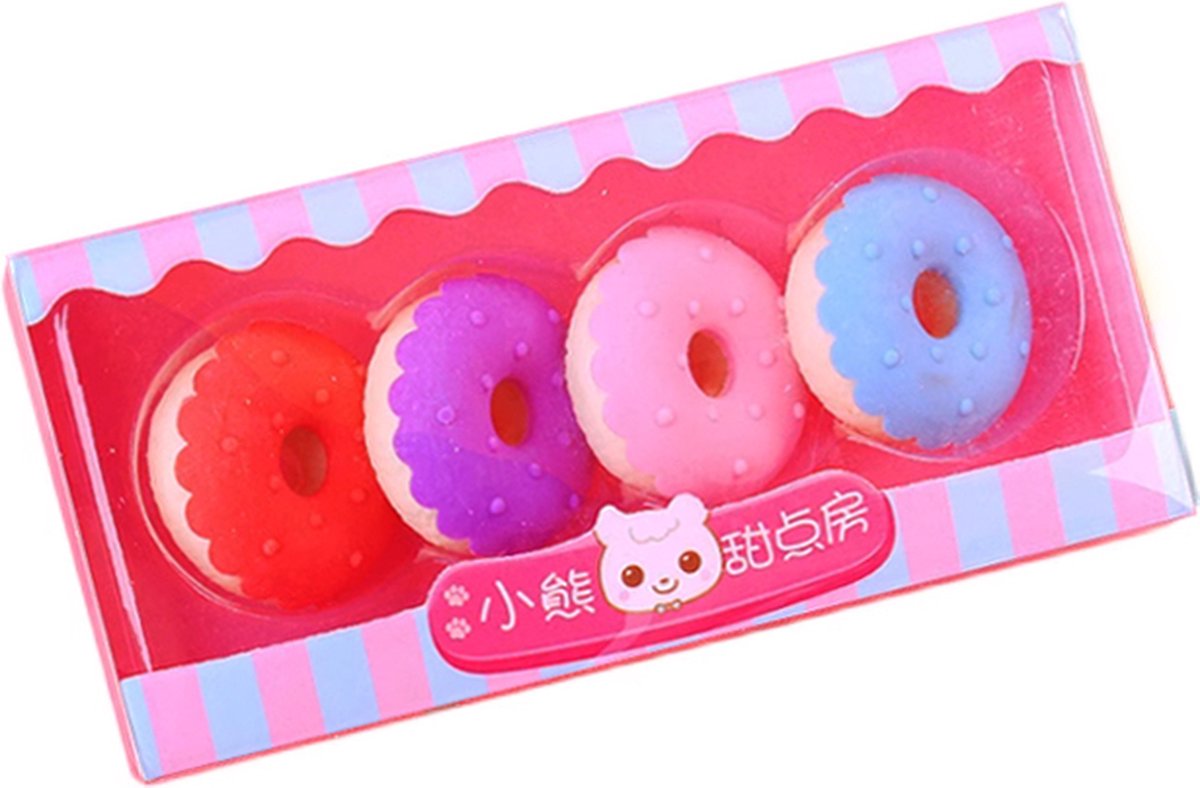 Ainy Kawaii Donut Gummen - een set van 4 schattige gummen, onmisbaar voor in je etui als schoolbenodigdheden - Ideaal kindercadeau voor meisjes en jongens - Ainy