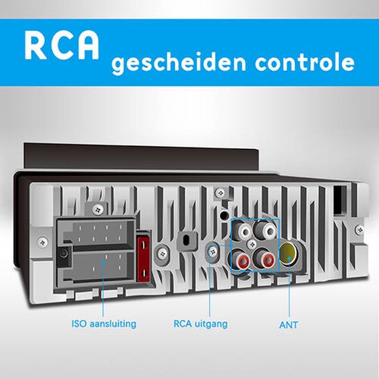Achterkant van de autoradio met ISO-aansluiting, RCA-uitgangen en ANT-aansluiting.