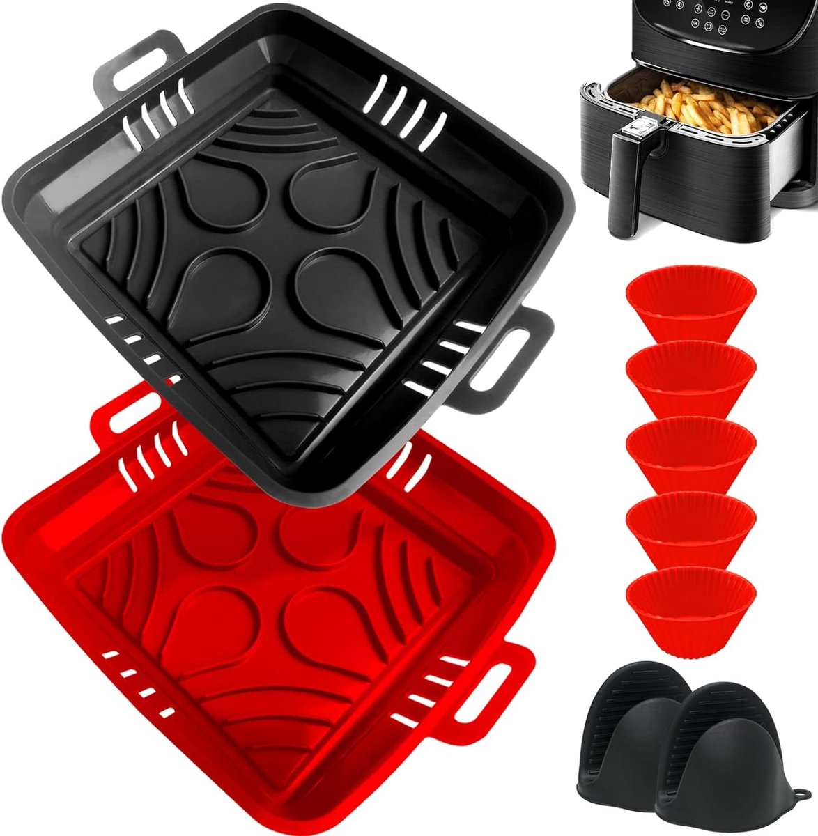 Goods 2023 Upgraded 22CM Silicone Air Fryer Liners 4 stuks Accessoires Air Fryer Pot Geschikt voor Airfryer XXL 7.3L en frituurpannen 5.5L 7.5L BPA-vrij Food-Grade herbruikbare vierkante Liners