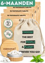 CHOOSE 6-Maandpakket - Tandpasta Tabletten met Bamboe Pot en Katoenen Zakje - 6 Maanden Voorraad - Refill Box - Duurzaam - Aanbevolen door Tandartsen - Zero Waste - Vegan - Fluoride - Ecologisch Verantwoord